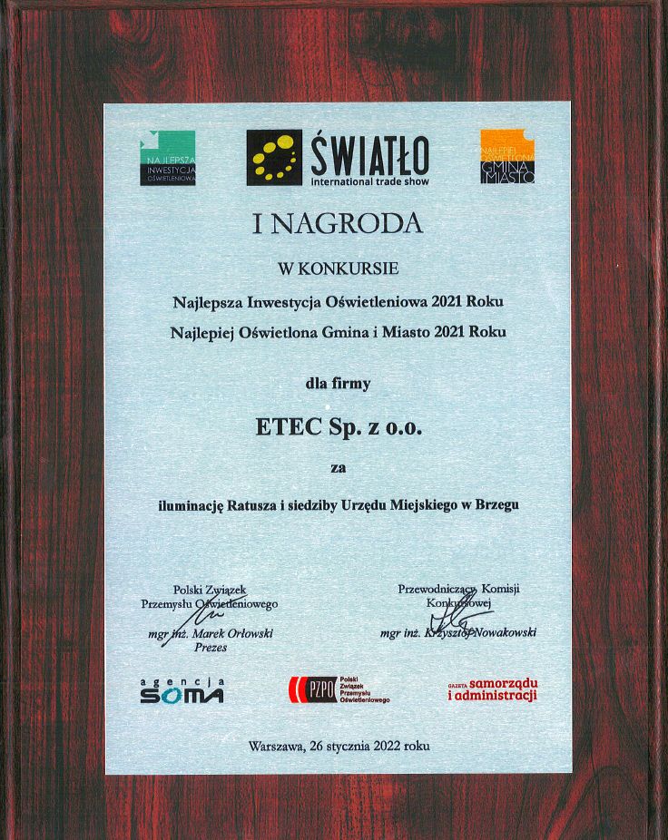 I nagroda Konkurs Najlepsza Inwestycja Oświetleniowa 2021 roku dyplom