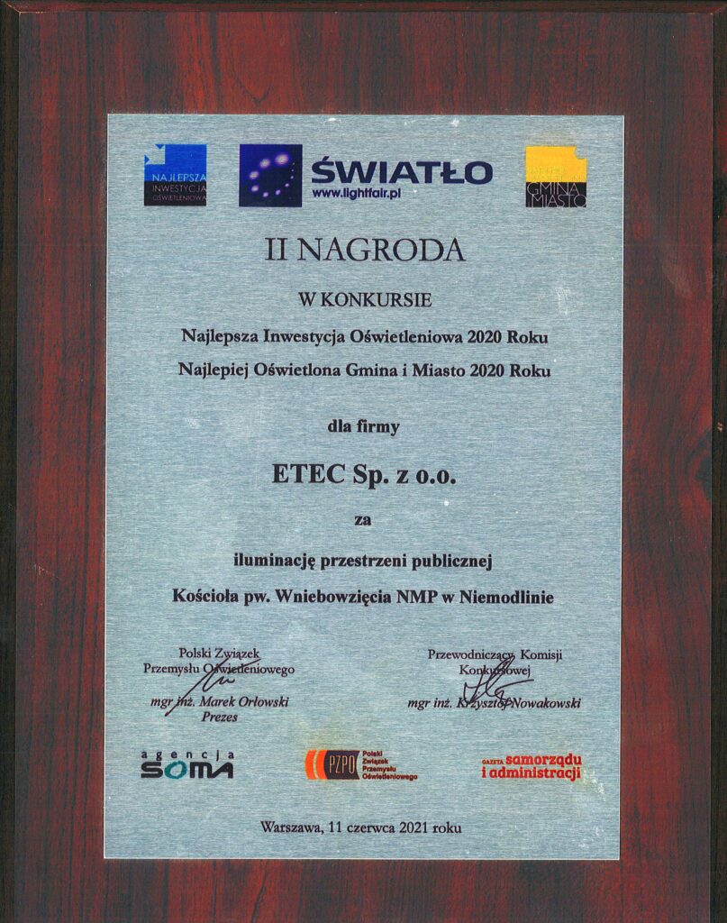 II nagroda Konkurs Najlepsza Inwestycja Oświetleniowa 2020 roku dyplom